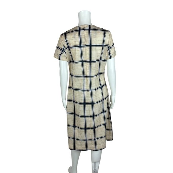 Vintage 70s Polyester Dress Women's Medium Striped Plaid Blue Cream Shift - Picture 9 of 11